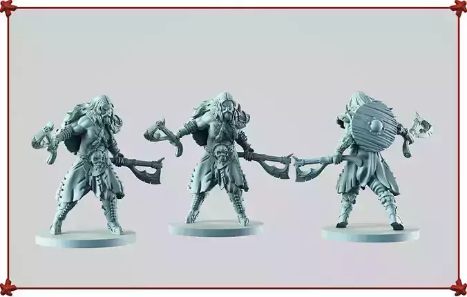 Barbarian three figurines of woman holding sword 3D print model