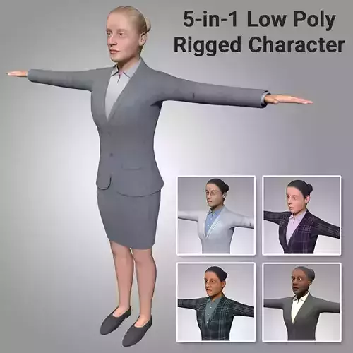 5-in-1 Low Poly Rigged Female Character - Maya Rig Low-poly 3D model