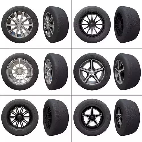 Pack of Tyres and Alloys - 6 Alloy Wheels and 5 Tyre Textures Low-poly 3D model