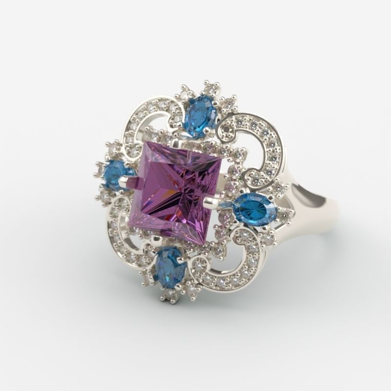 Women ring with gems and diamonds 3dm stl vintage 3D print model_3