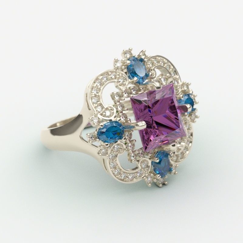 Women ring with gems and diamonds 3dm stl vintage 3D print model_6