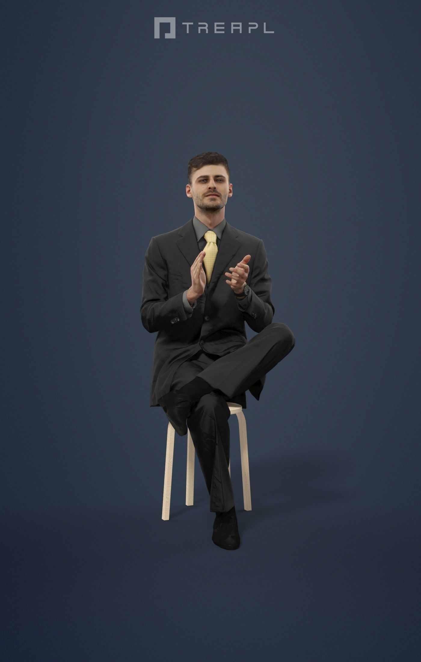 Posture Elegant Man In A Black Suit Sitting And Clapping 3D model_1