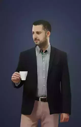 Portrait Smart Caucasian Male In Black Jacket Holding A Cup 3D model
