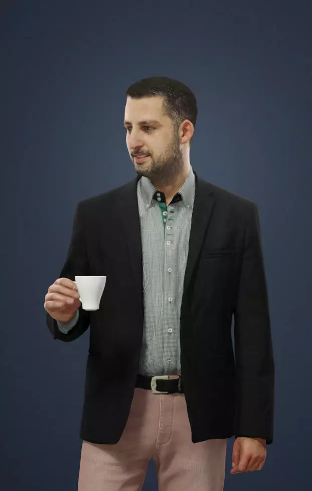 Portrait Smart Caucasian Male In Black Jacket Holding A Cup 3D model_0