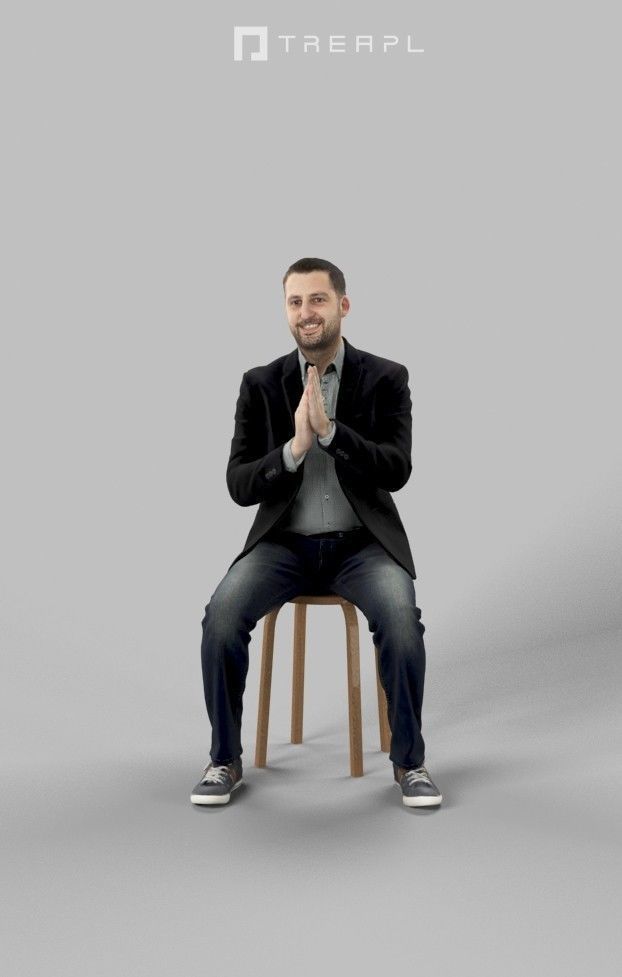 Portrait Casual Smart Man In A Black Jacket Sitting And Clapping 3D model_1