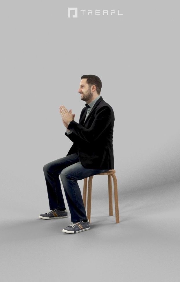 Portrait Casual Smart Man In A Black Jacket Sitting And Clapping 3D model_6