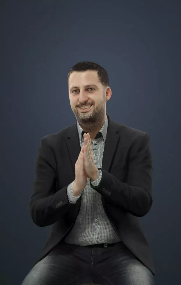 Portrait Casual Smart Man In A Black Jacket Sitting And Clapping 3D model_0