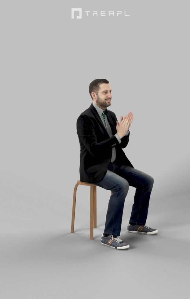 Portrait Casual Smart Man In A Black Jacket Sitting And Clapping 3D model_2
