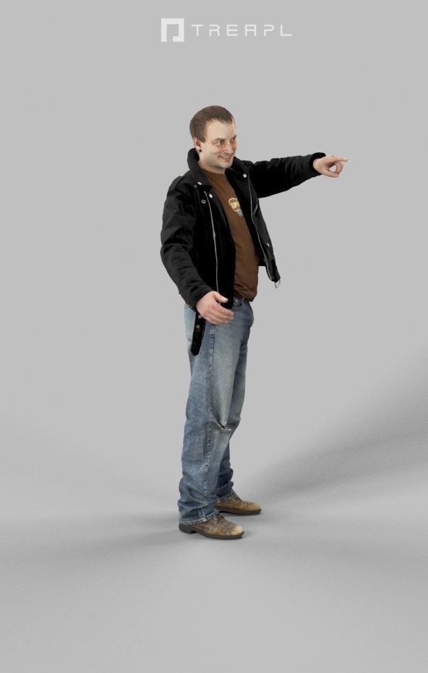 Victory Casual Man In Black Leather Jacket And Pointing 3D model_4