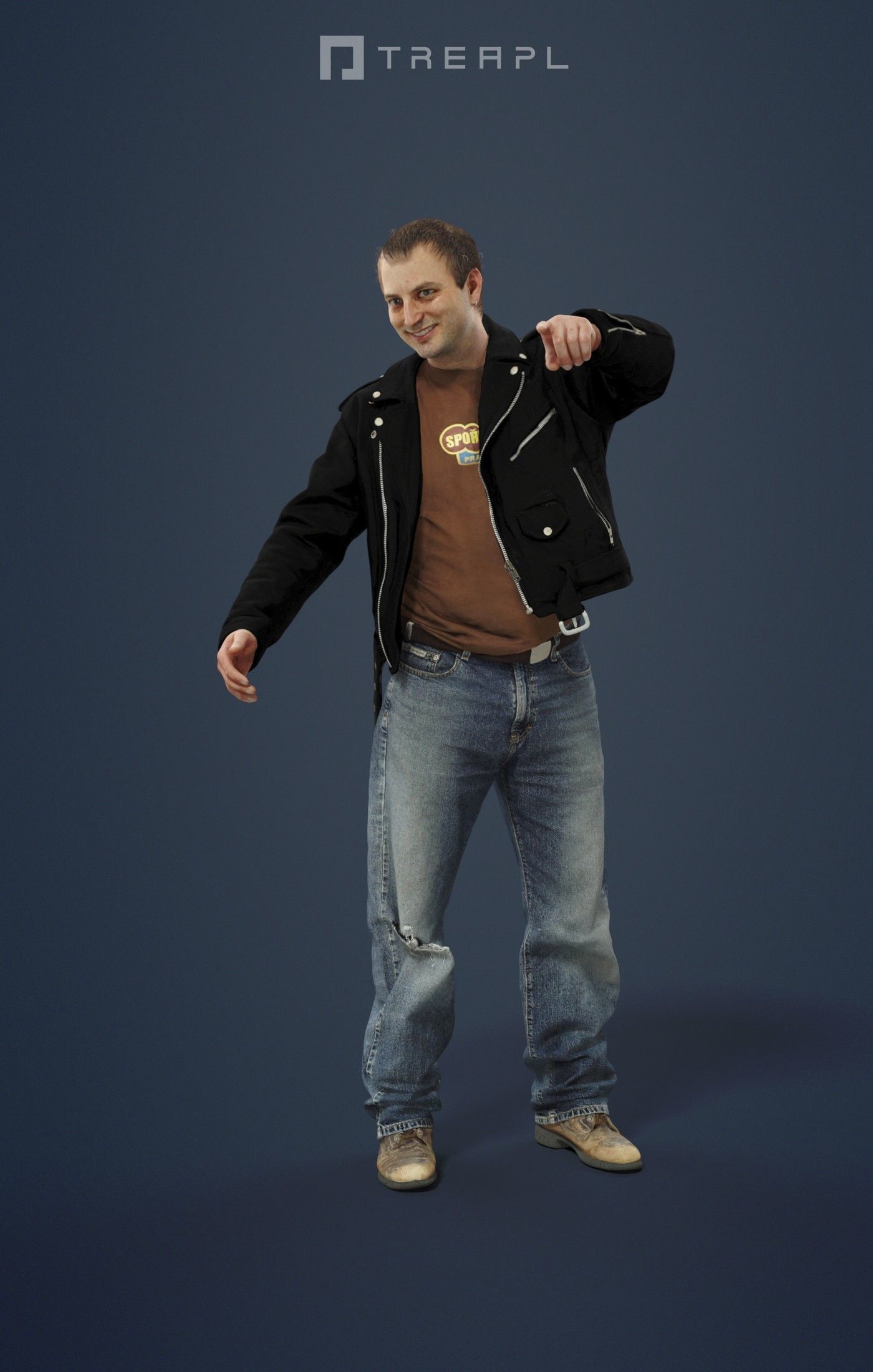 Victory Casual Man In Black Leather Jacket And Pointing 3D model_1