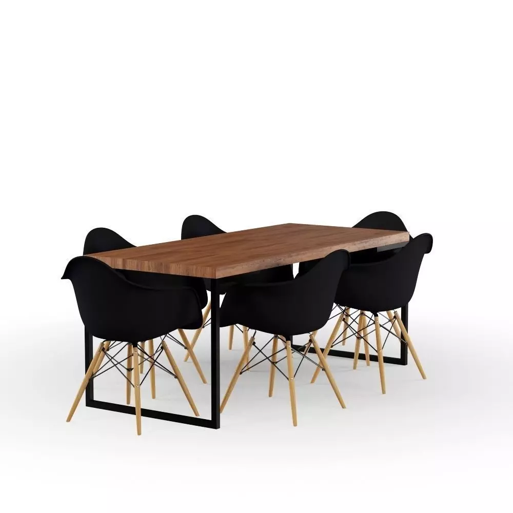Rustic Table and Black Eames Chair 3D model_0