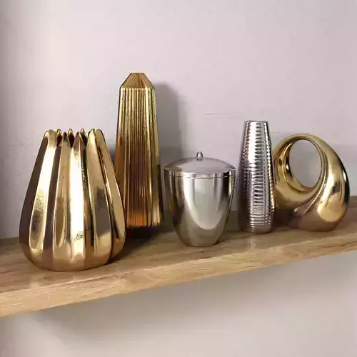 Decorative Set 2 four gold vases on wooden shelf