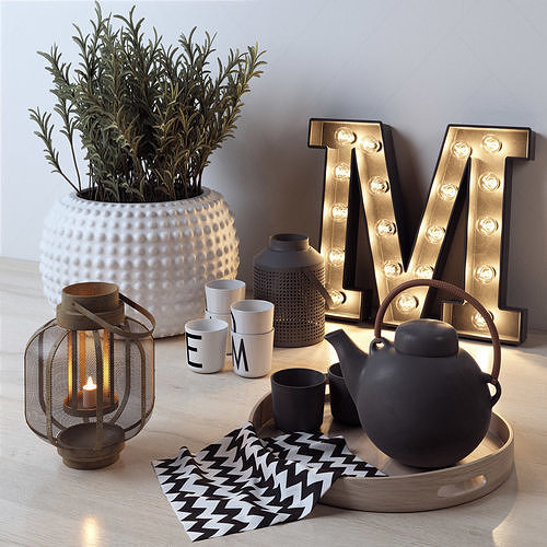 Decorative Set 3 letter m on tray with tea pots and candles Low-poly 3D model