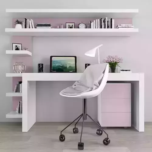 Workplace modern home office design with desk and bookshelf b... Low-poly 3D model