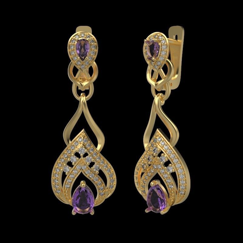 Women earrings with gems and diamonds 3dm stl vintage 3D print model_5
