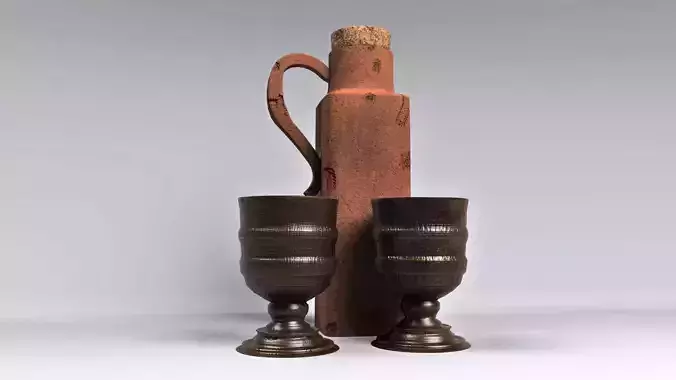 Antique Terracotta Whisky Jar with two cups 3D model