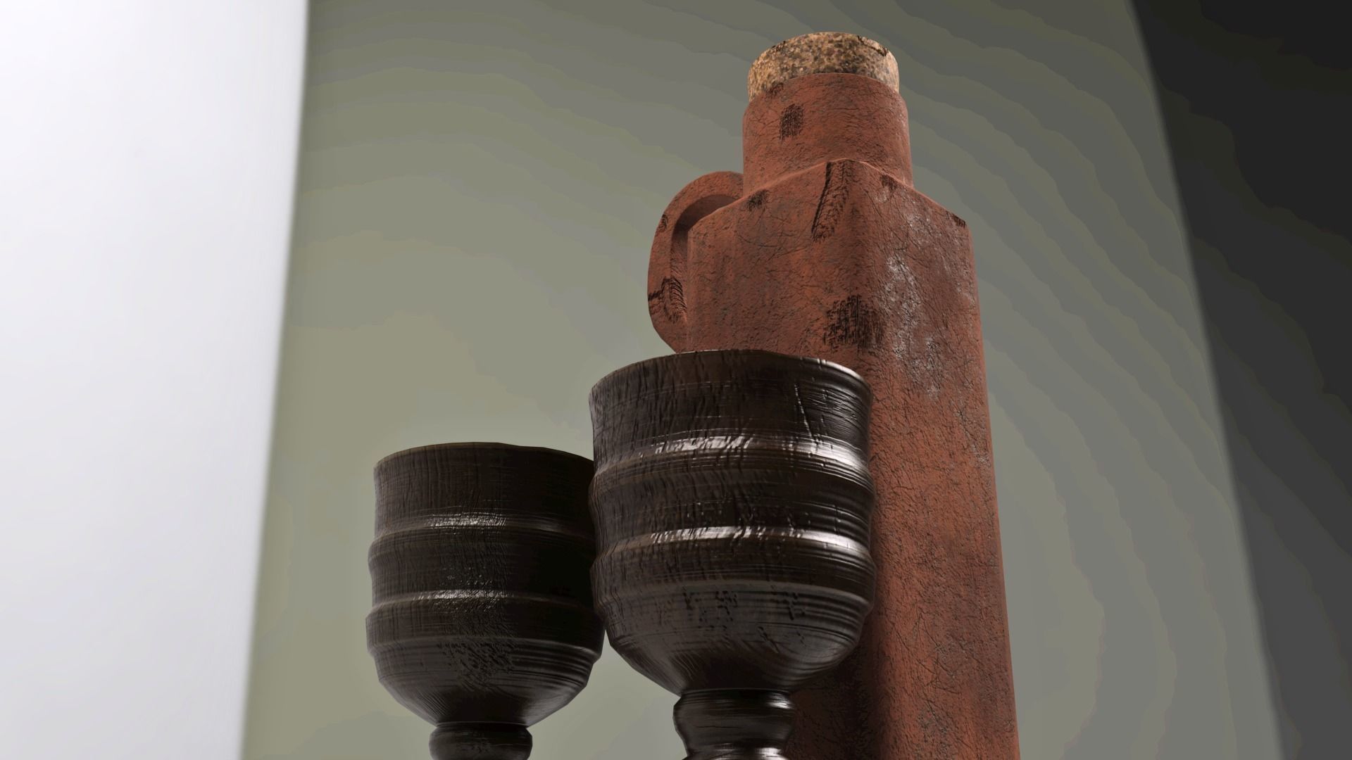 Antique Terracotta Whisky Jar with two cups 3D model_2