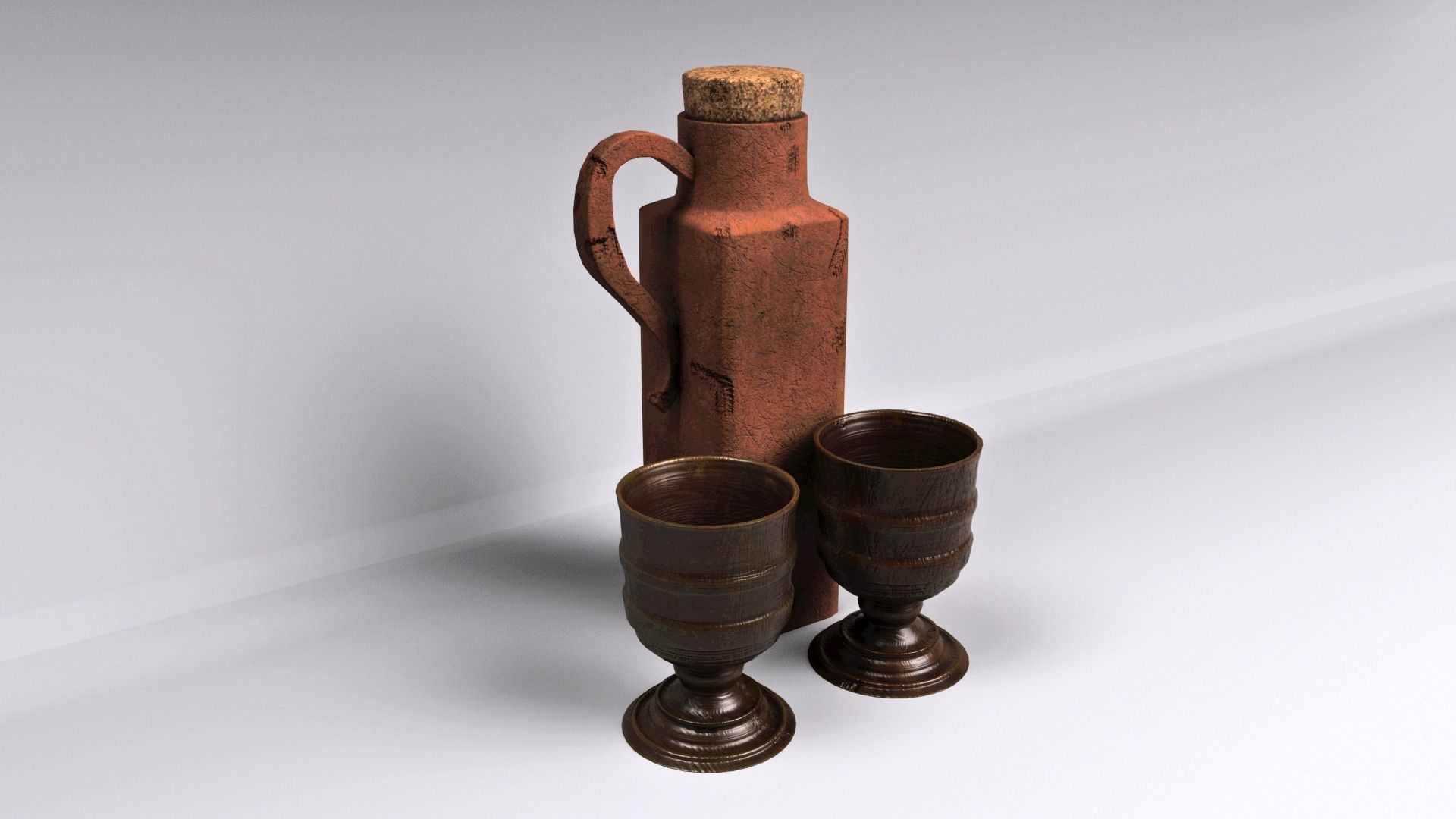 Antique Terracotta Whisky Jar with two cups 3D model_1