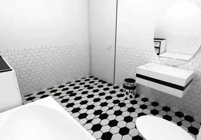 Bathroom with checkered floor Low-poly 3D model