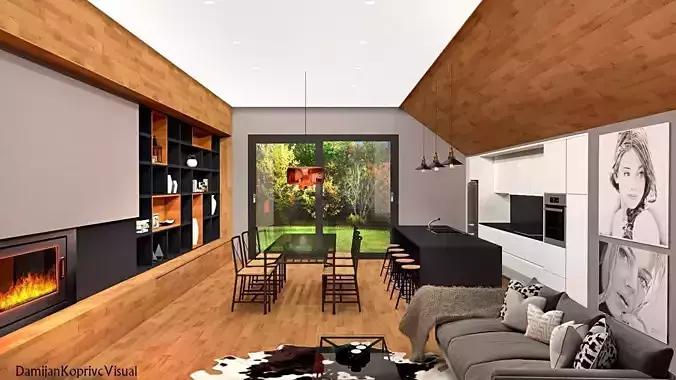 living room and kitchen interior 3d model