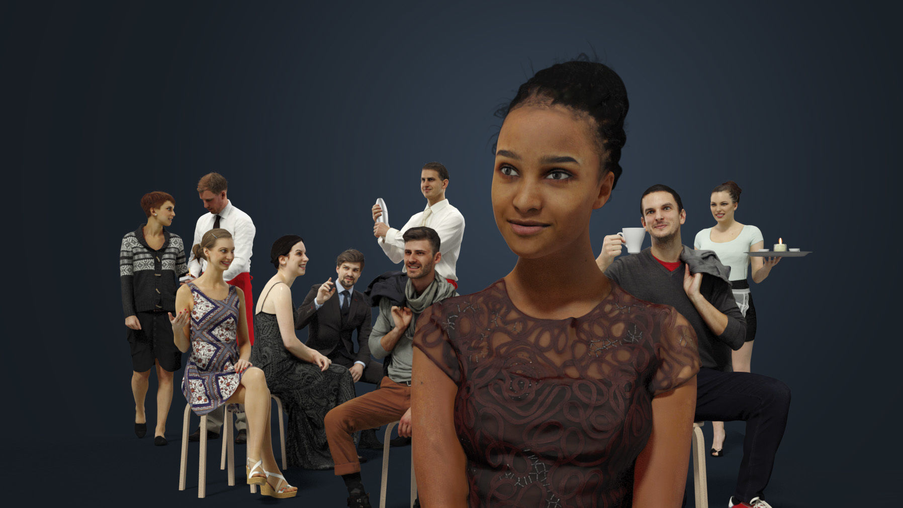 10x Scanned Man Woman Cafe Bar Foreground People Volume 01 3D Model Collection_1