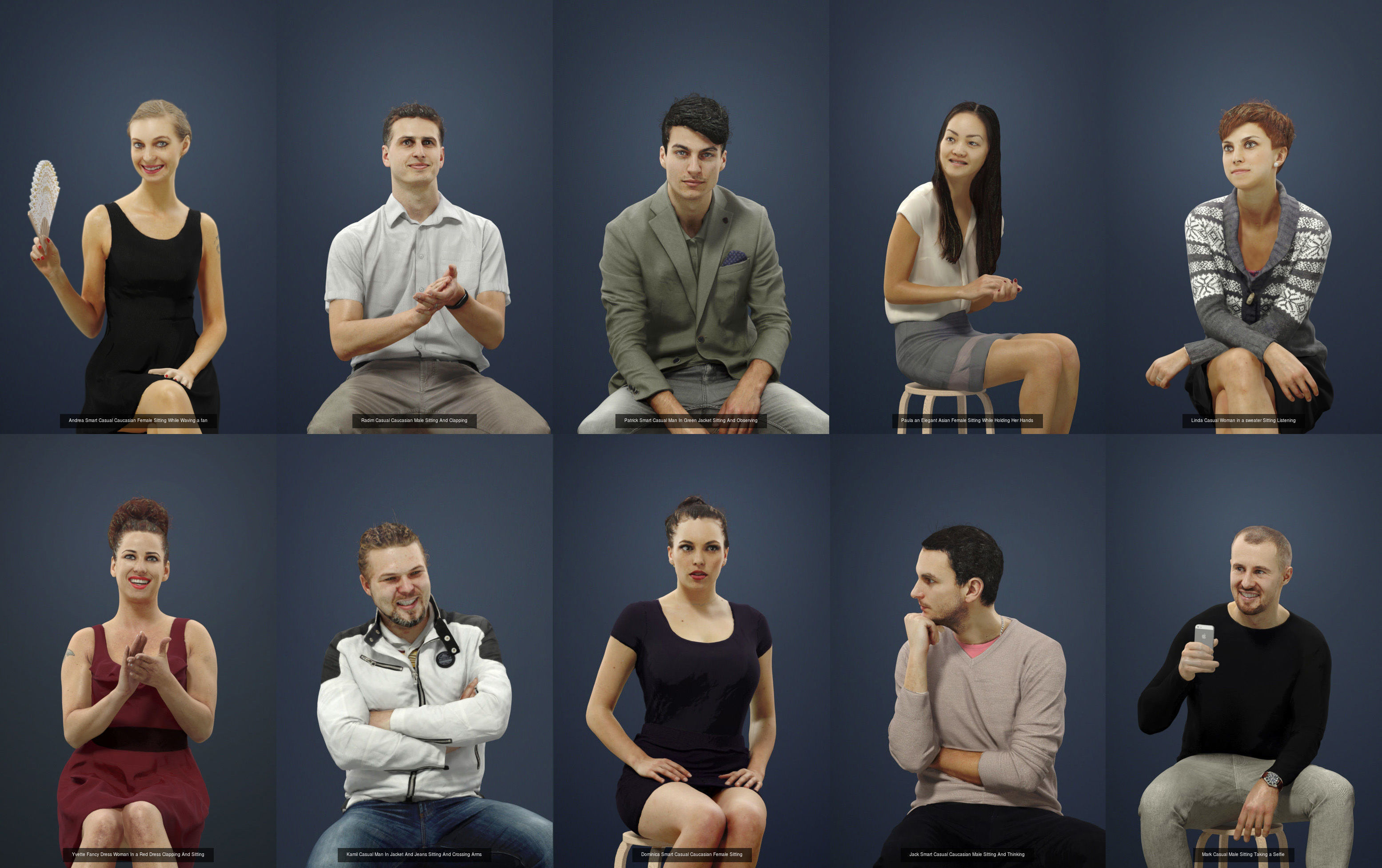 10x Scanned Man Woman Foreground Casual Sitting People Volume 01 3D Model Collection_2