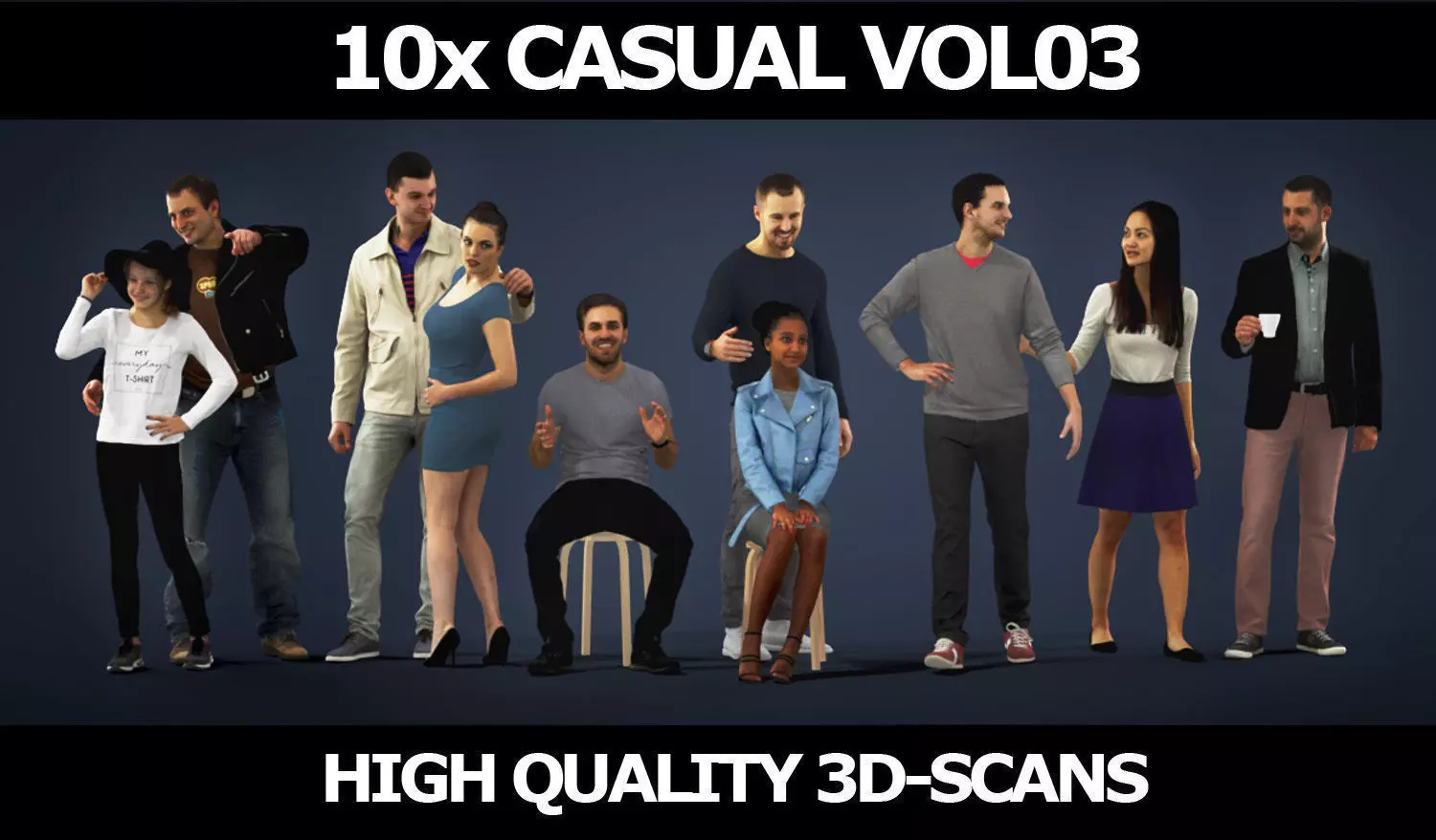 10x Man Woman Scanned Foreground Casual People Volume 03 3D Model Collection_0