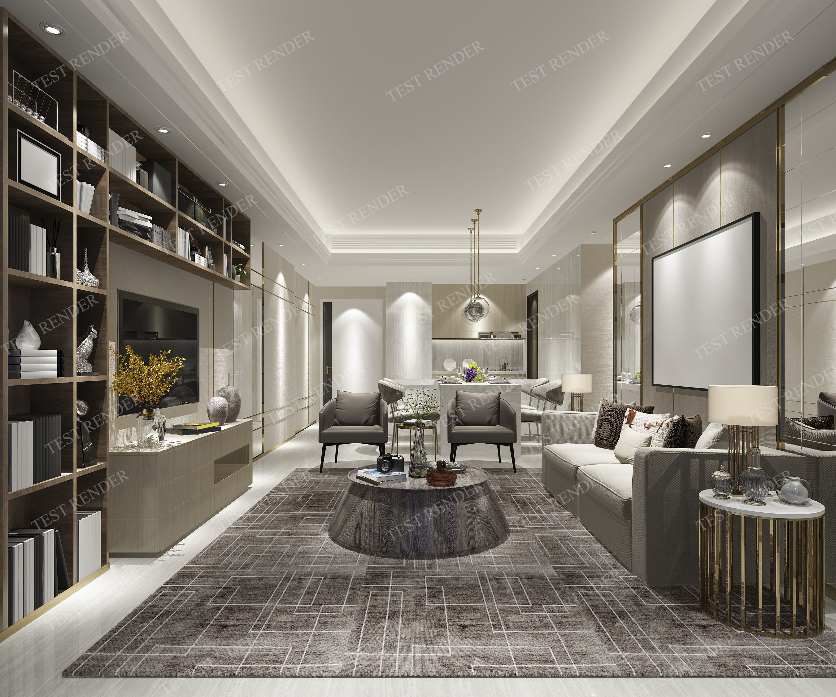 Modern Living Room With Bookshelf 3d Model