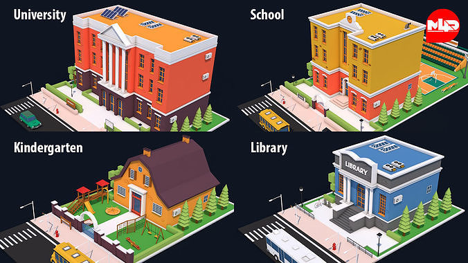 Low Poly Educational Buildings Low-poly 3D model