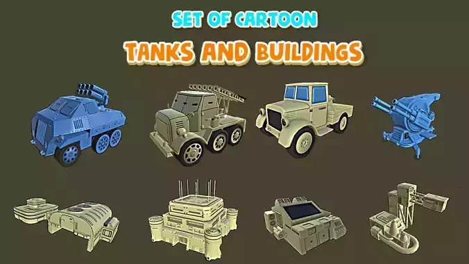 Set of Cartoon Tanks and Buildings
