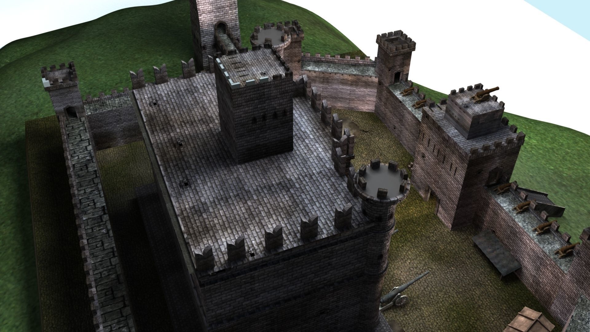 Castle cannons in courtyard of medieval 3D model_3