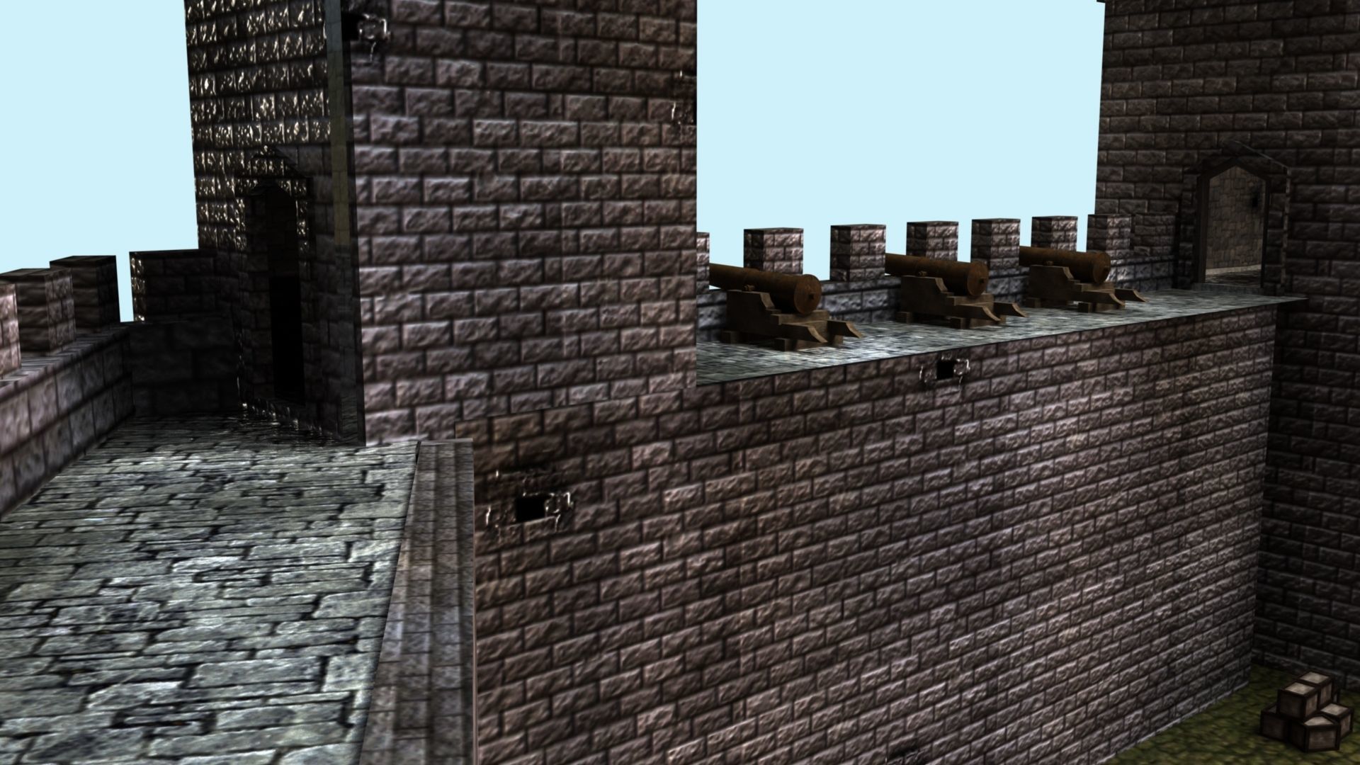 Castle cannons in courtyard of medieval 3D model_7