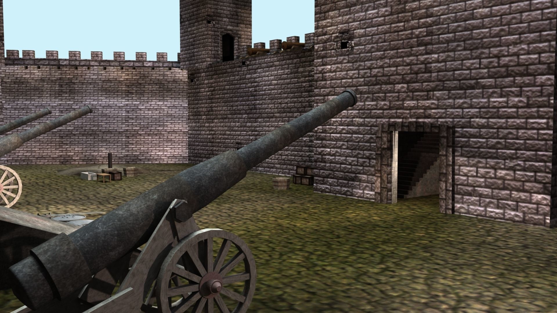 Castle cannons in courtyard of medieval 3D model_12