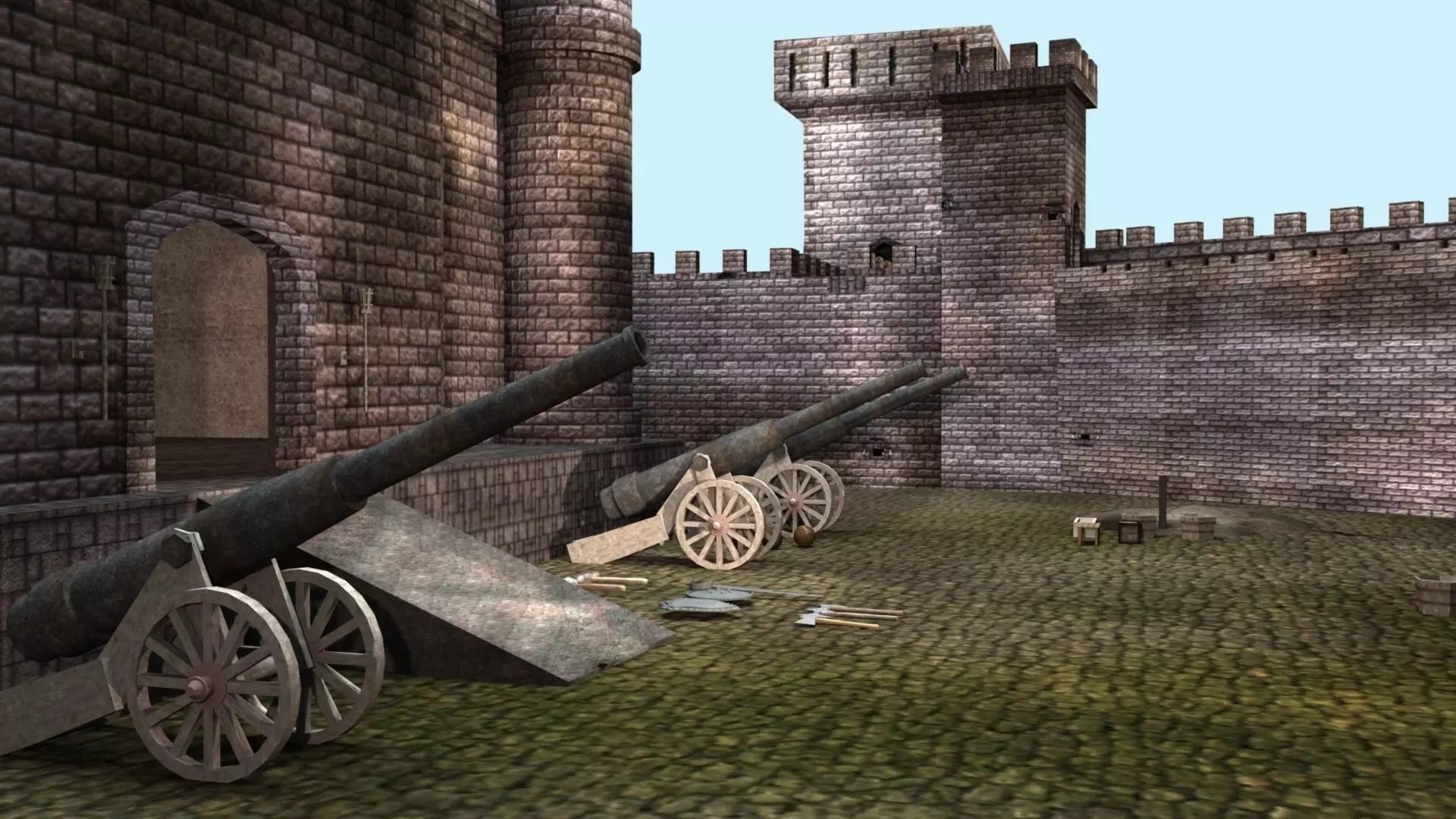 Castle cannons in courtyard of medieval 3D model_0