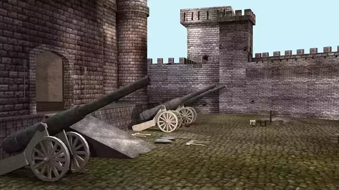 Castle cannons in courtyard of medieval 3D model