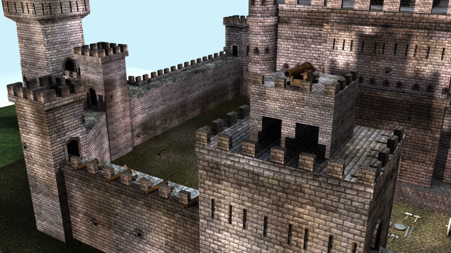 Castle cannons in courtyard of medieval 3D model_10