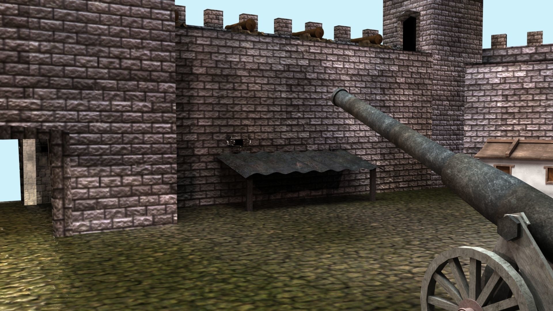 Castle cannons in courtyard of medieval 3D model_28