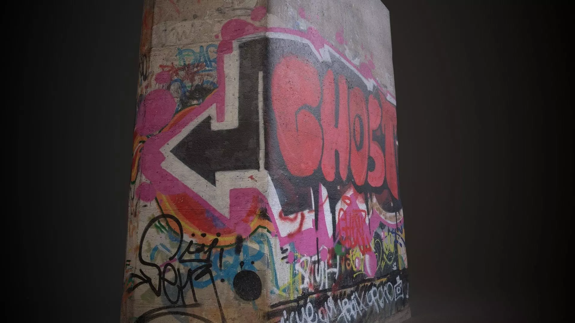 Column concrete block with graffiti Low-poly 3D model_0