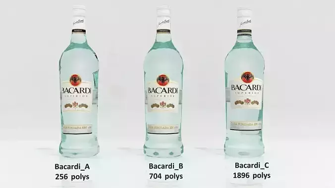 3D Low-poly and medium-poly Bacardi alcohol Bottle Low-poly 3D model