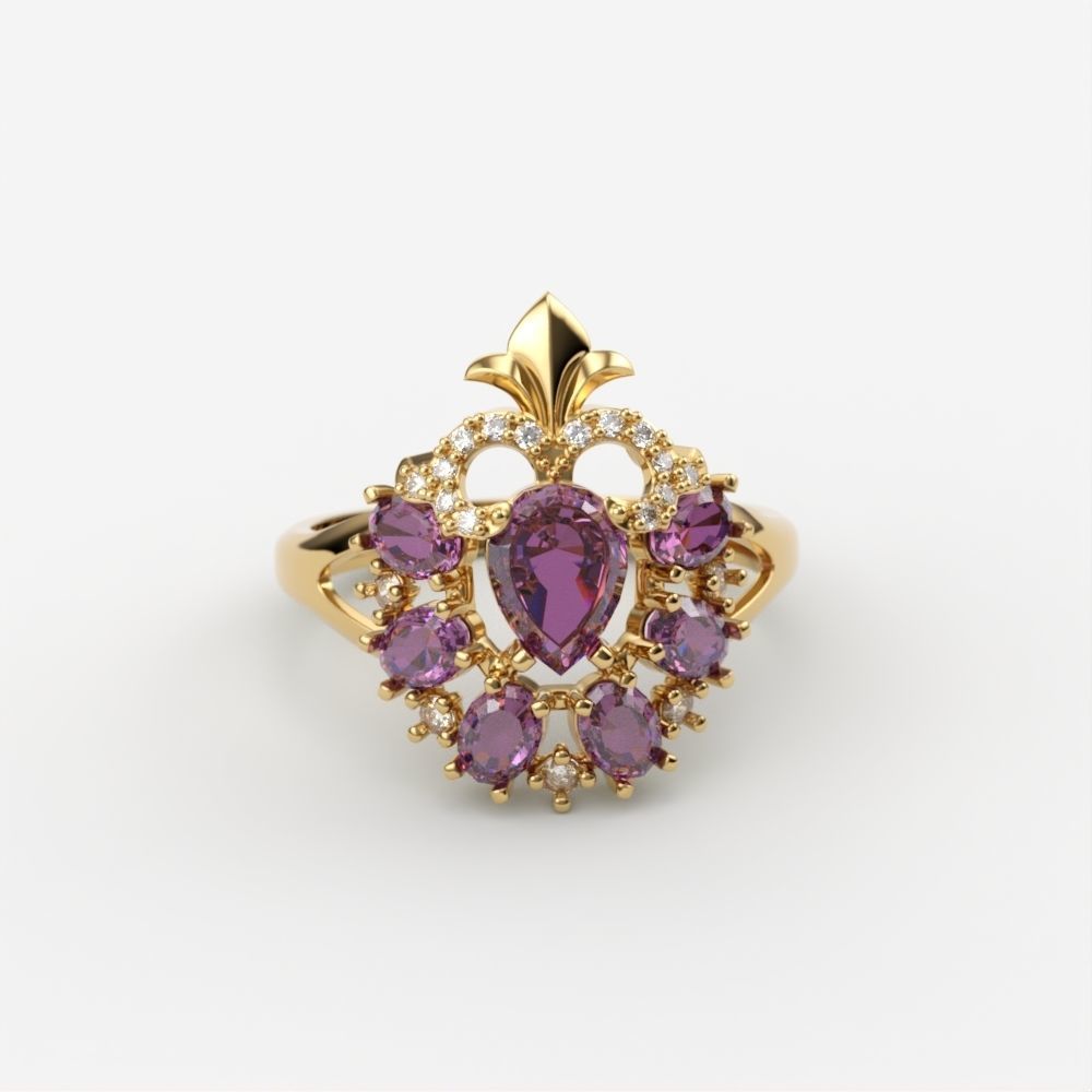 Women ring with gems and diamonds 3dm stl vintage 3D print model_9