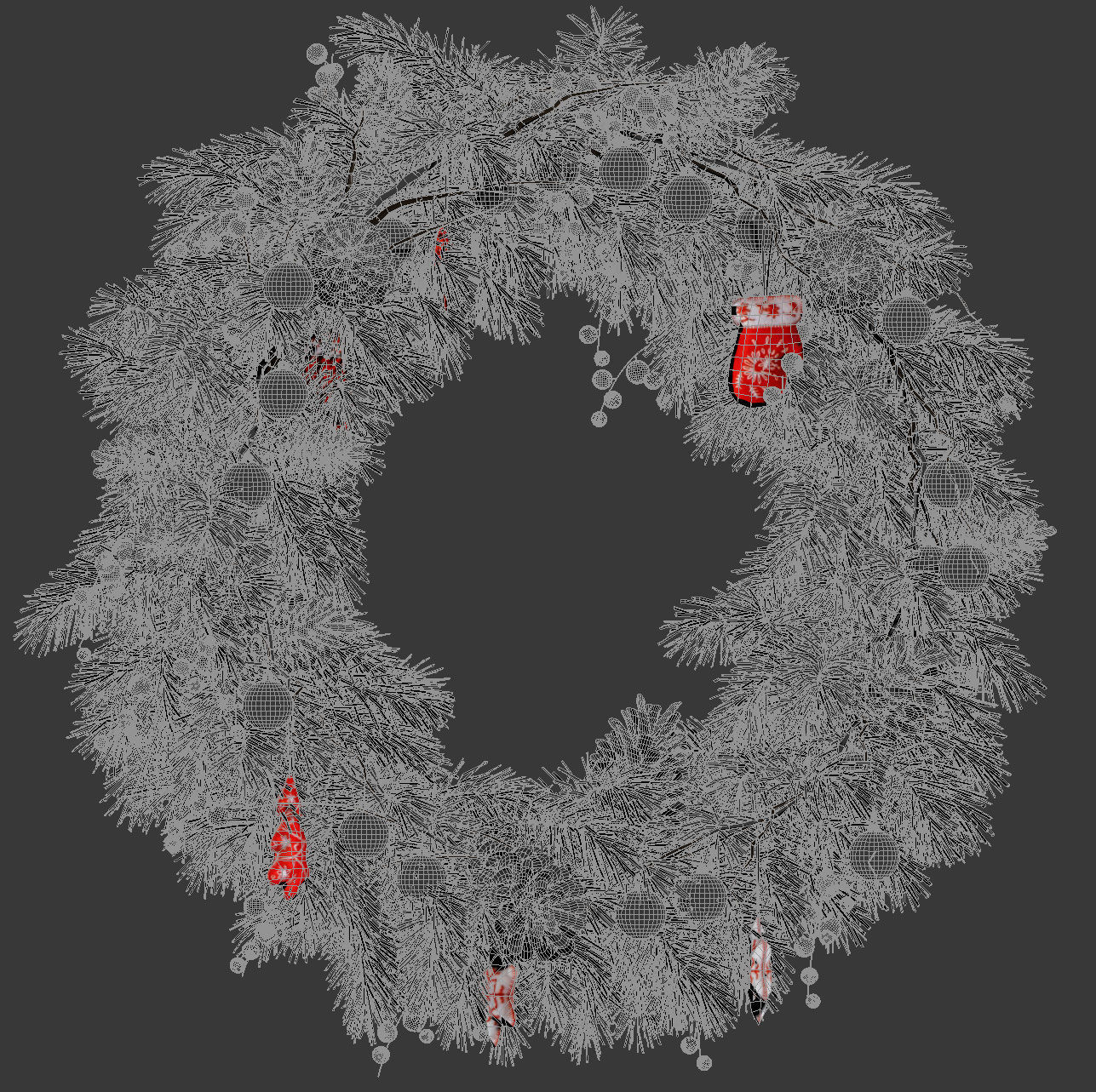 Christmas thick wreath of coniferous branches 3D model_5