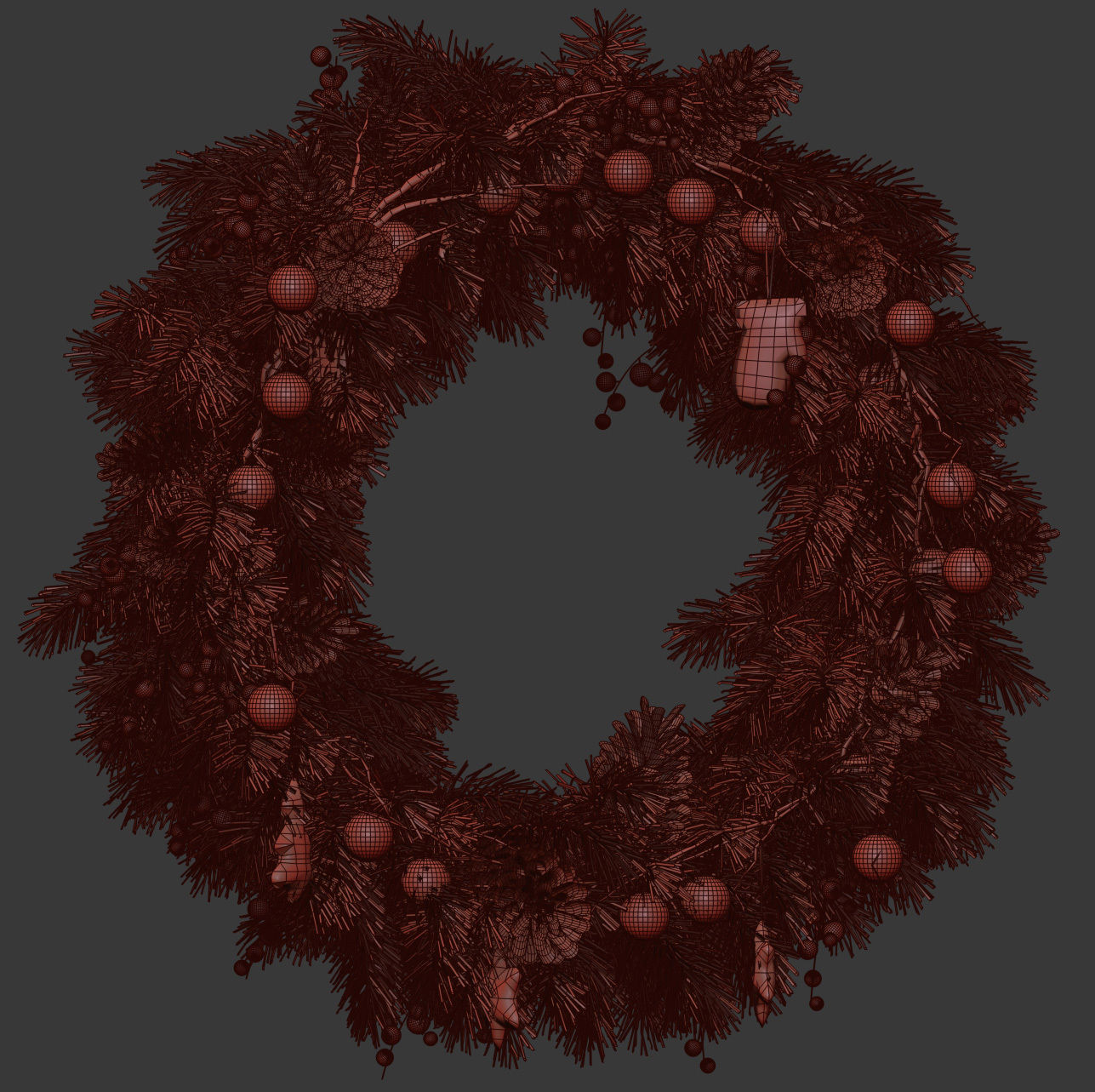 Christmas thick wreath of coniferous branches 3D model_4