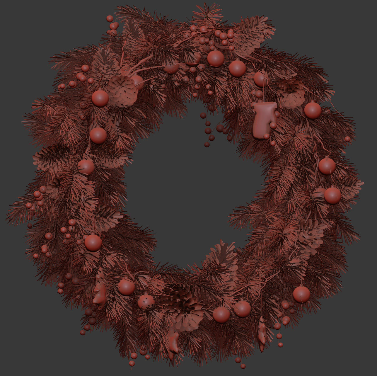 Christmas thick wreath of coniferous branches 3D model_3