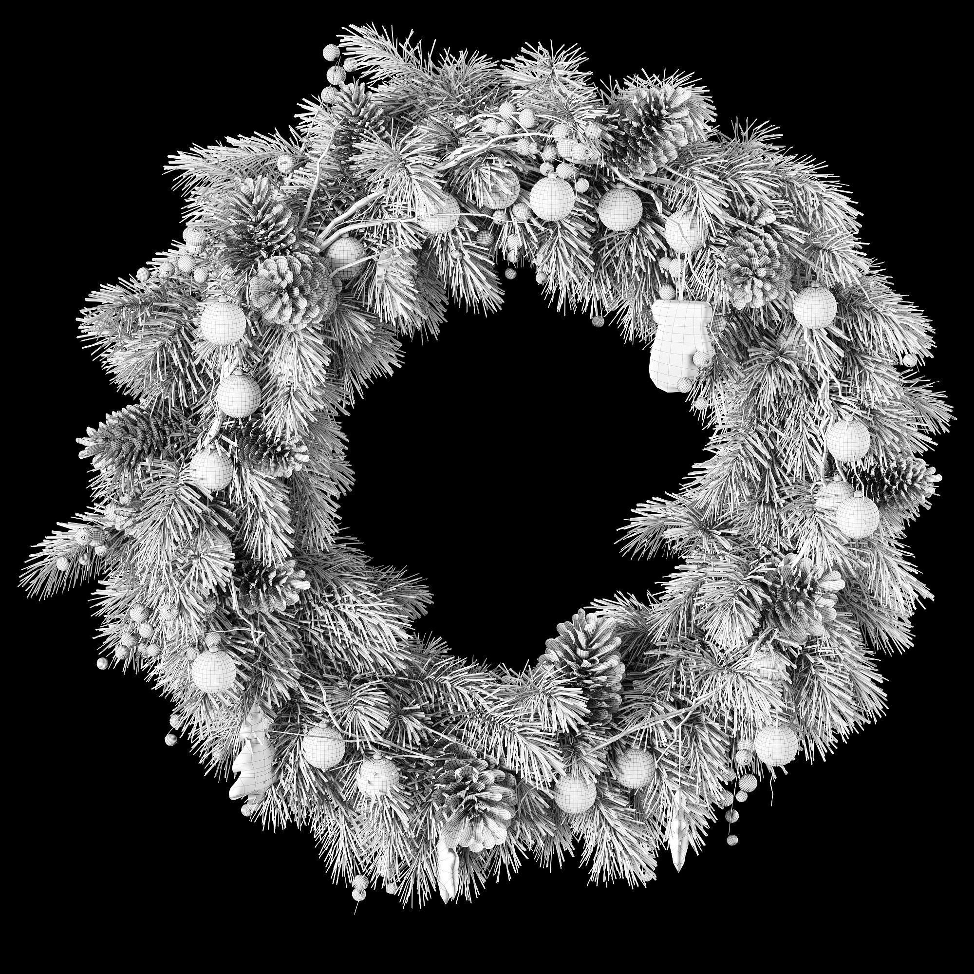 Christmas thick wreath of coniferous branches 3D model_1