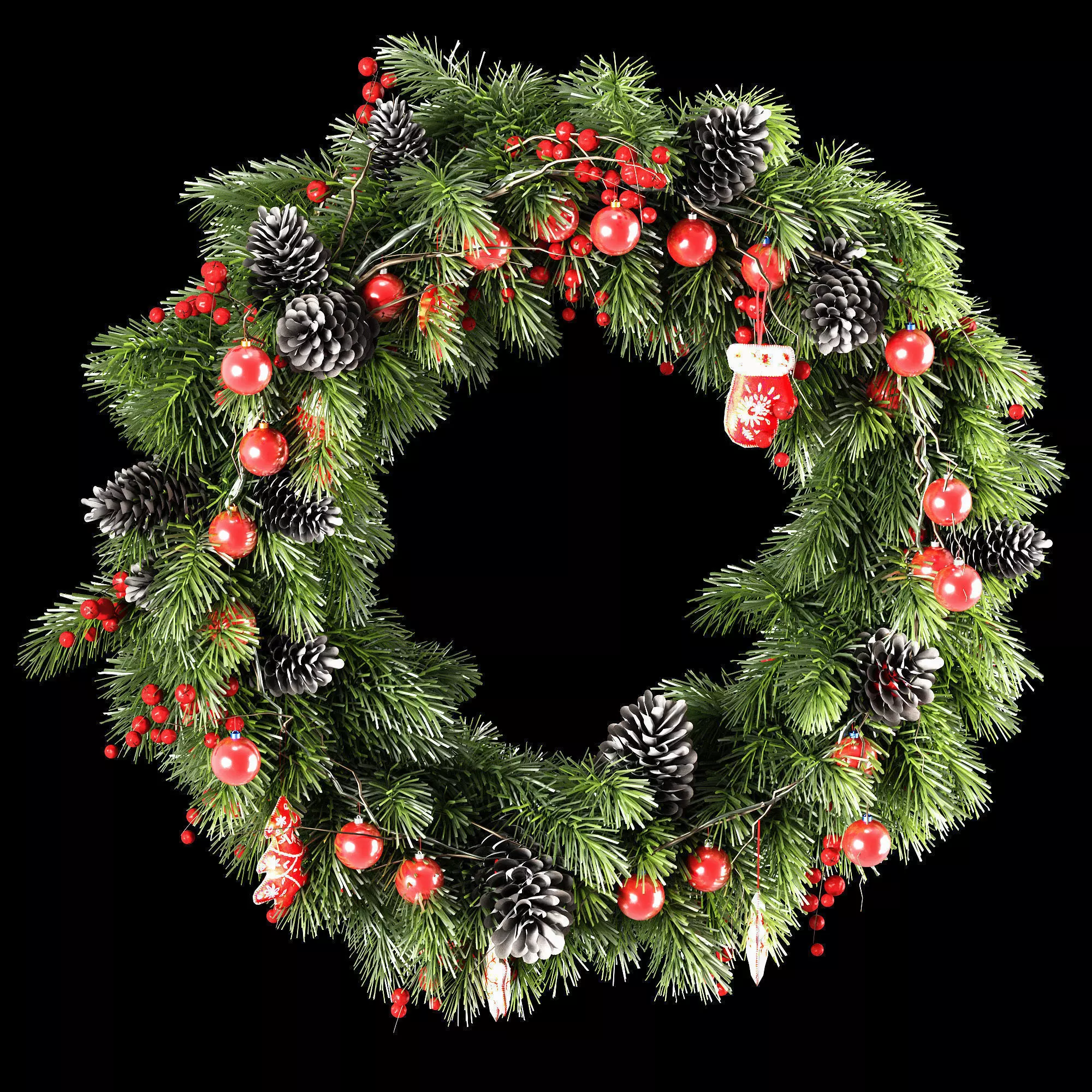 Christmas thick wreath of coniferous branches 3D model_0