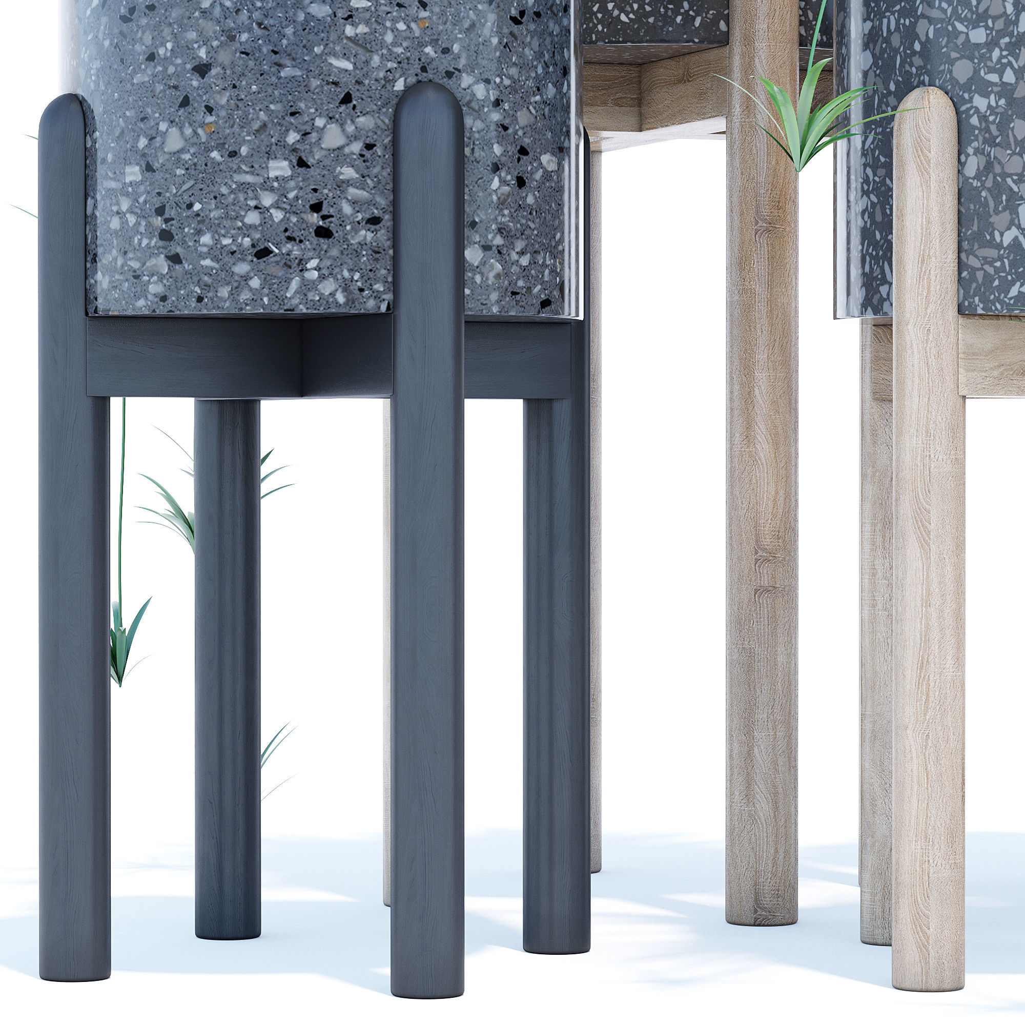 Hakuun set four plant pots on wooden legs 3D model_5