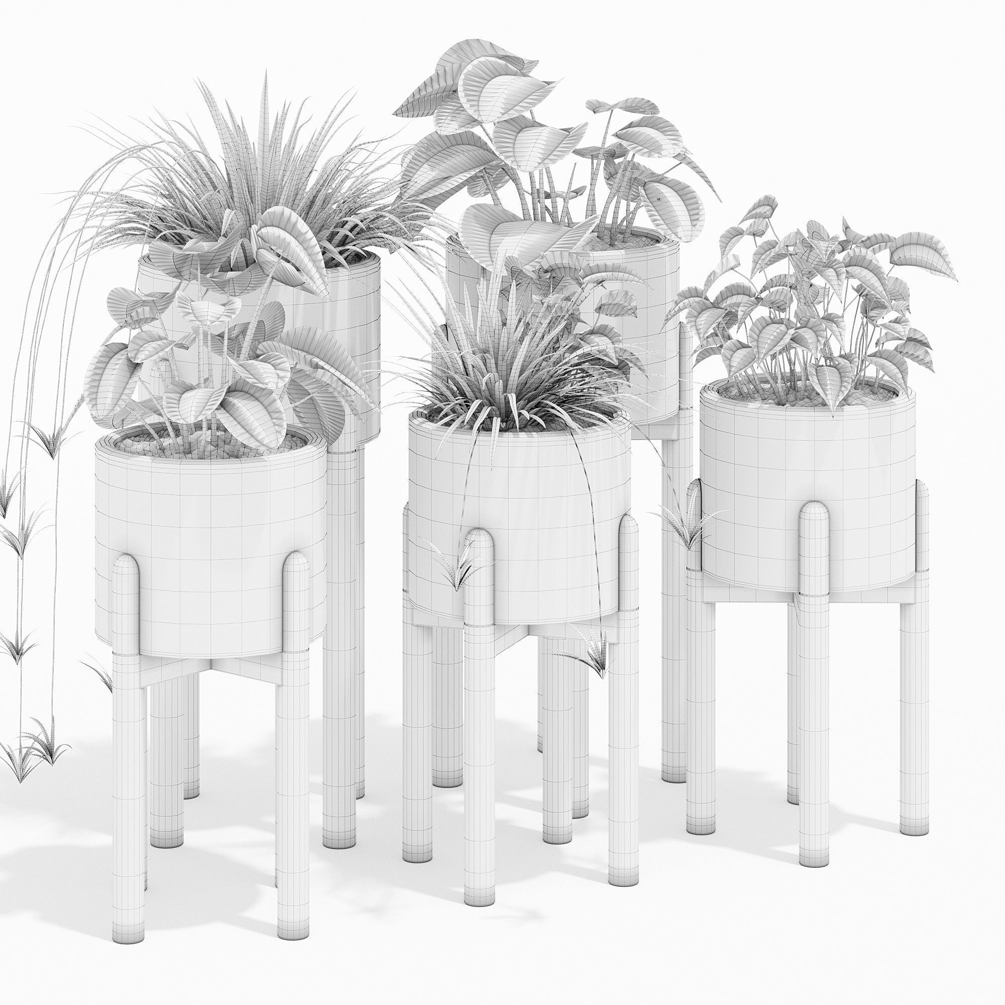 Hakuun set four plant pots on wooden legs 3D model_6