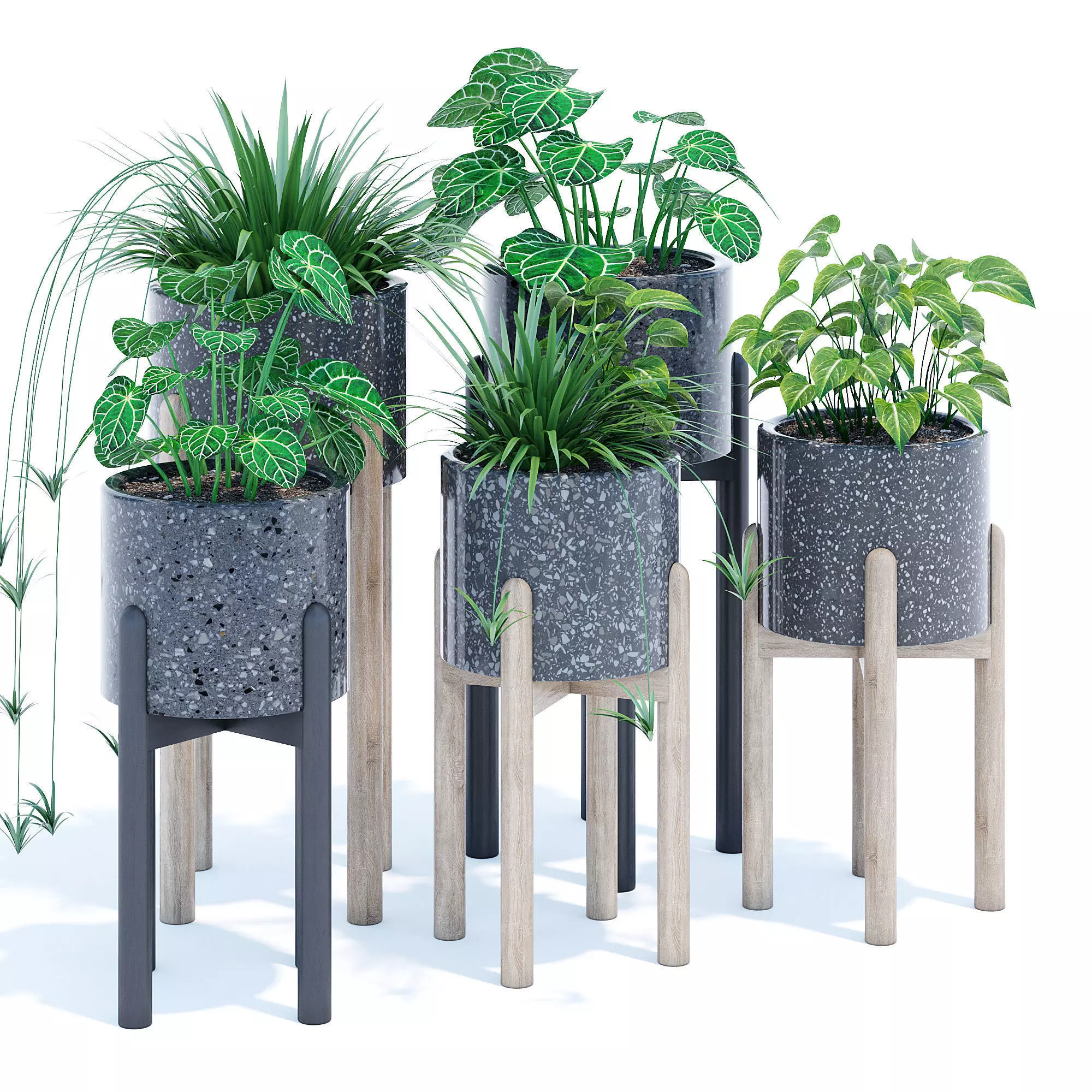 Hakuun set four plant pots on wooden legs 3D model_0