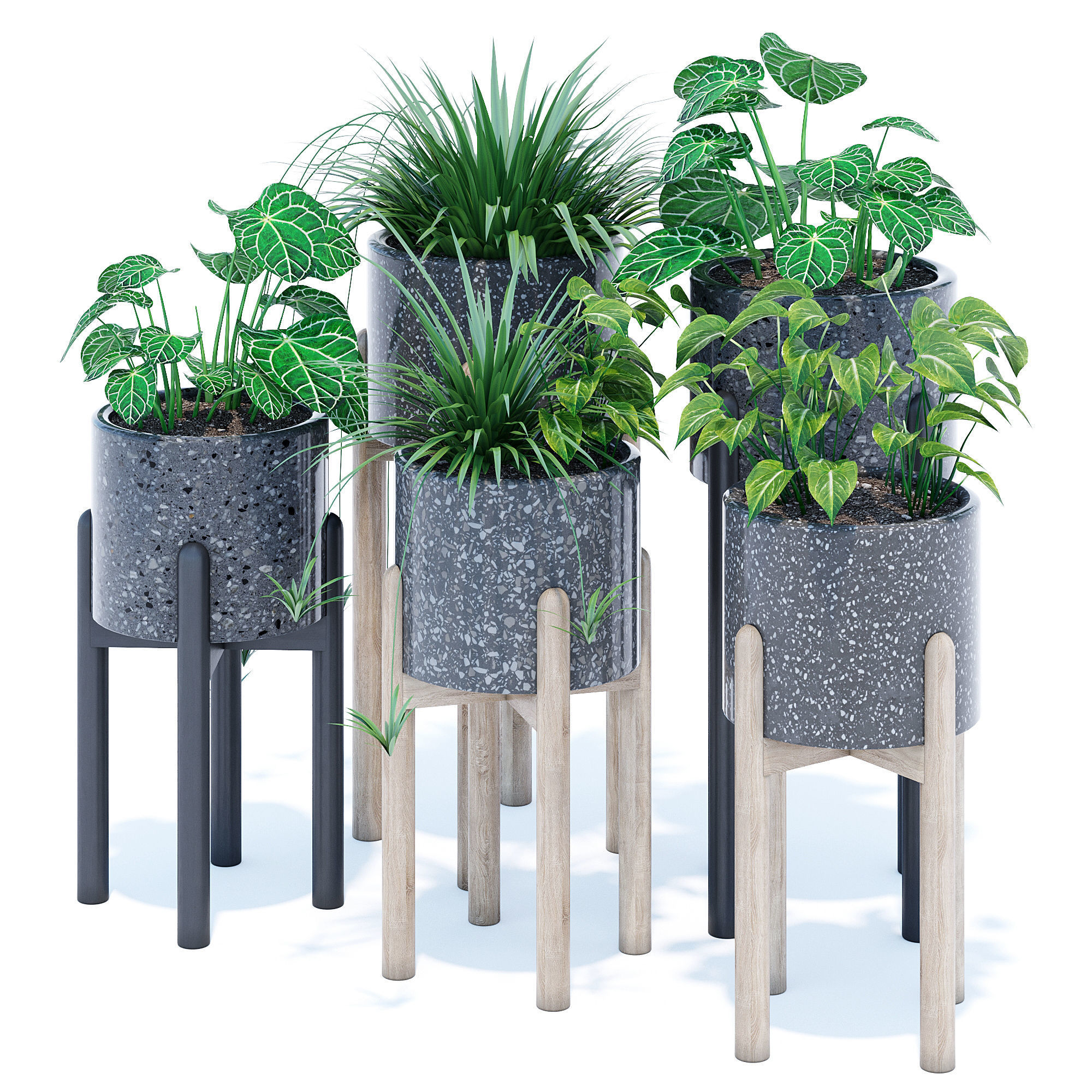 Hakuun set four plant pots on wooden legs 3D model_2