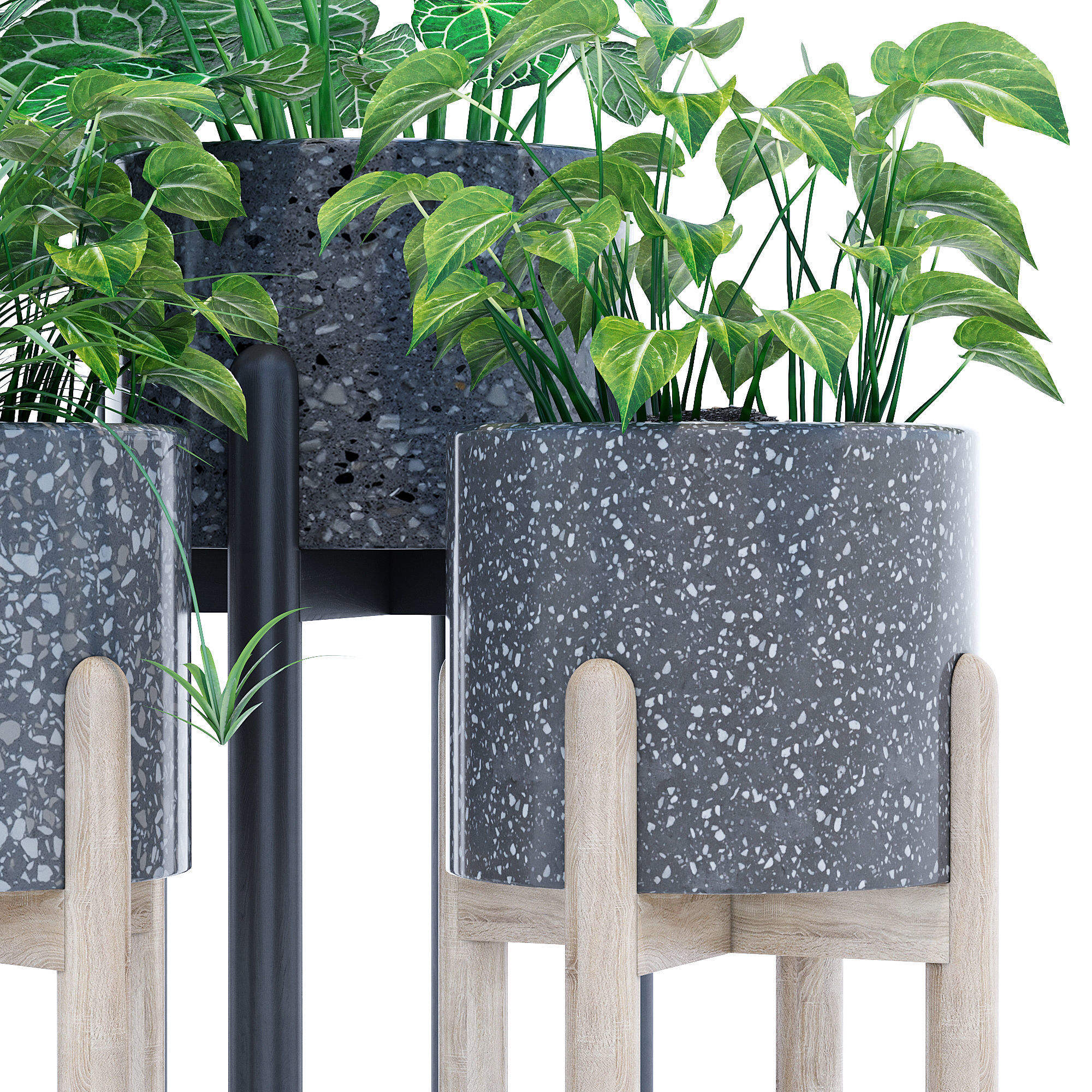 Hakuun set four plant pots on wooden legs 3D model_4